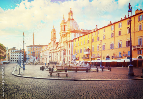 panoramic view of Piazza Navona in Rome with sunshine, Italy