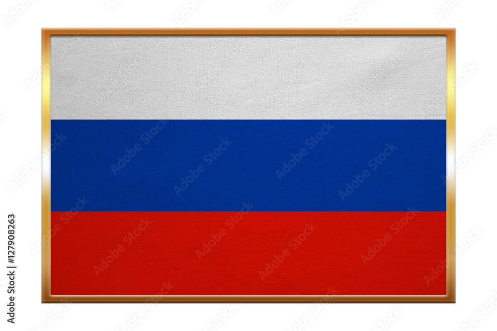 Flag of Russia , golden frame, fabric texture Flag of Russia , golden frame, fabric texture