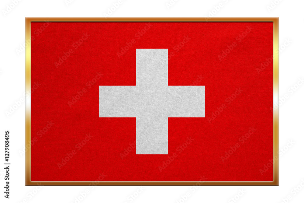 Flag of Switzerland , golden frame, fabric texture Flag of Switzerland , golden frame, fabric texture