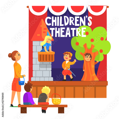 Romeo And Juliette Scene With The Balcony Performed By Kids In Amateur Theatre With Other Pupils Watching With Teacher