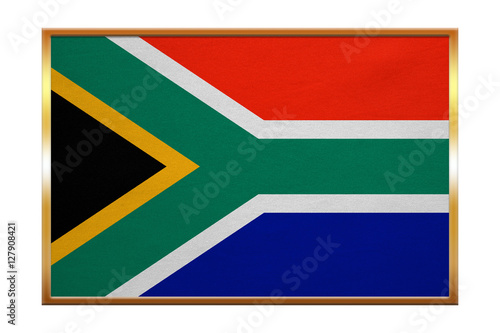 Flag of South Africa, golden frame, fabric texture