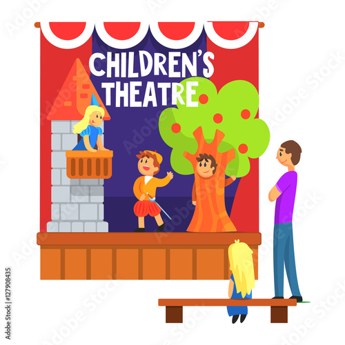 Prince Saving Princess From The Tower Scene Performed By Kids In Amateur Theatre With Other Pupils Watching With Teacher