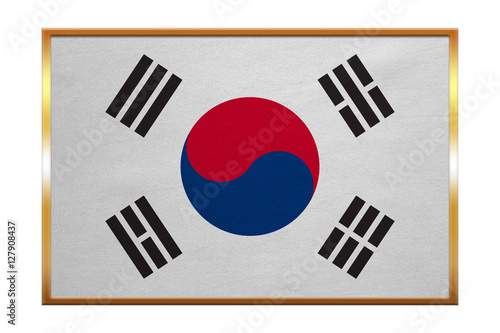 Flag of South Korea , golden frame, fabric texture