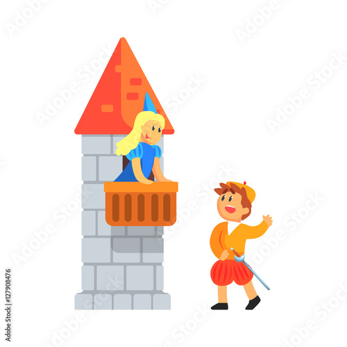 Girl And Boy In Medieval Outfits Playing Parts Of Romeo And Juliette In Theatrical Show In A Balcony Scene