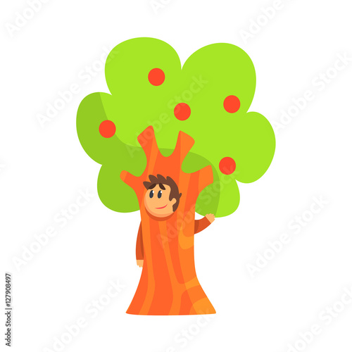 Boy In Costume Of The Apple Tree Performing In Theatrical Show In Fairy-Tale Story