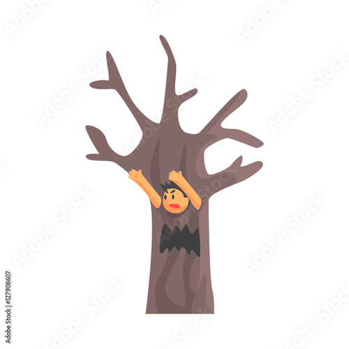 Boy In Costume Of The Dead Scary Tree Performing In Theatrical Show In Fairy-Tale Story