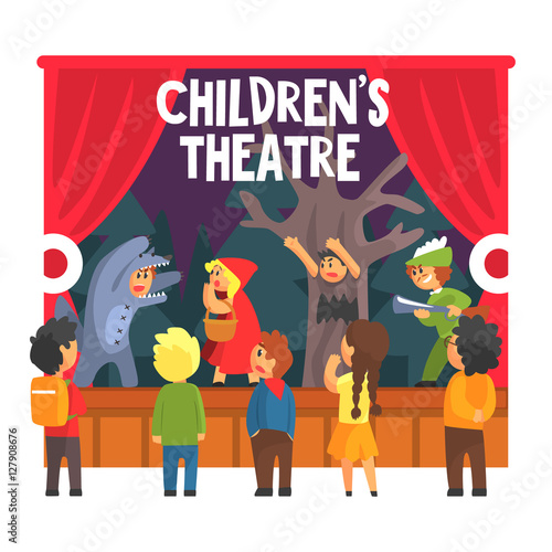 Red Hood Fairy-tale Show Scene With Wolf And Hunter Performed By Kids In Amateur Theatre With Other Pupils Watching