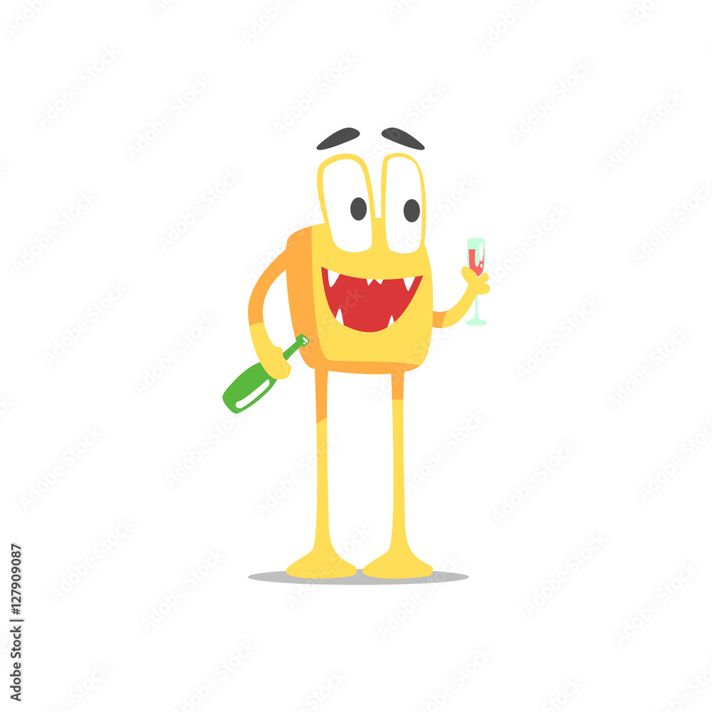 Happy Orange Square Monster With Bottle And Glass Of Wine Partying Hard As A Guest At Glamorous Posh Party Vector Illustration