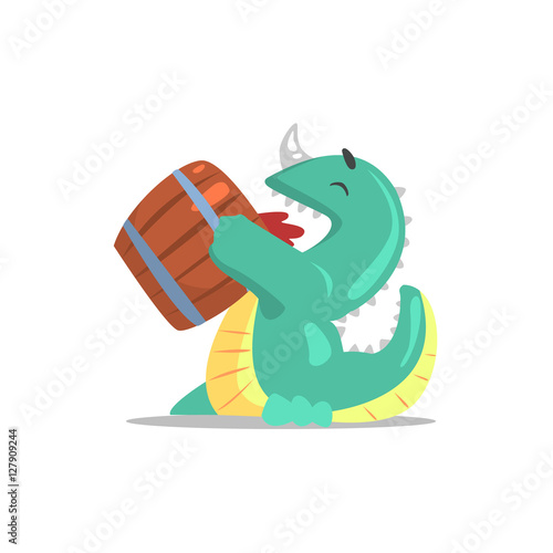 Green Dragon-Like Monster Drinking Beer From The Barrel Partying Hard As A Guest At Glamorous Posh Party Vector Illustration