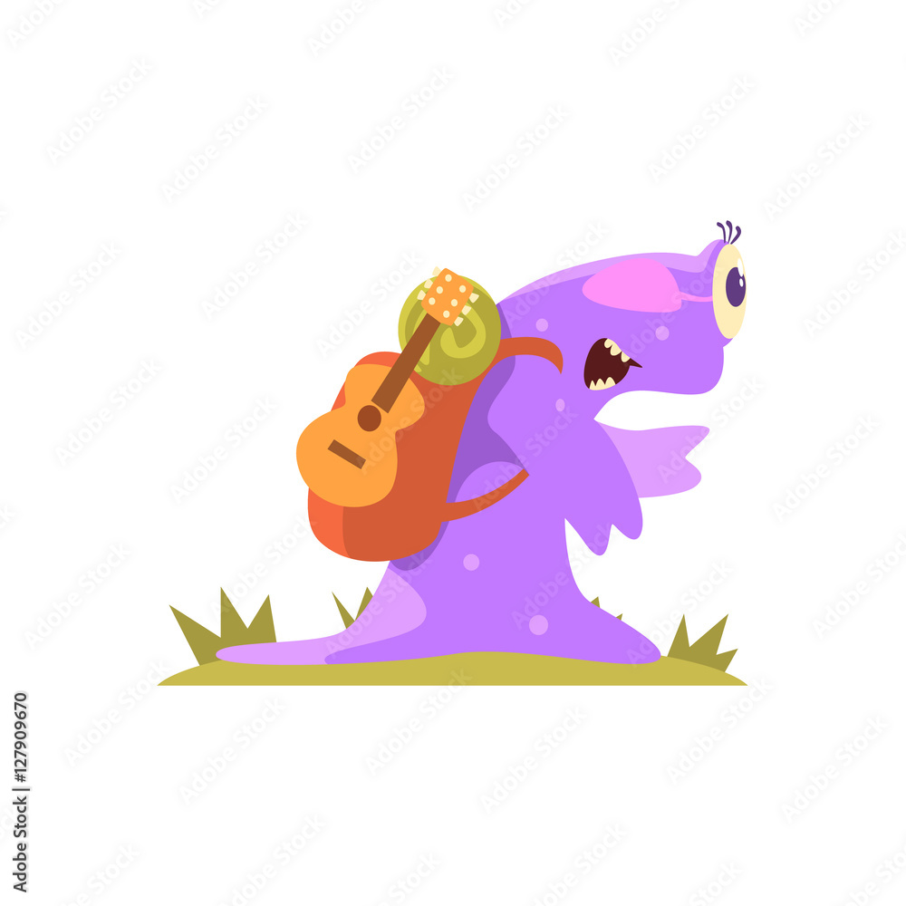 Obraz Purple Slug Jelly Monster Carrynig Backpack And Guitar, Alien Camping And Hiking Cartoon Illustration