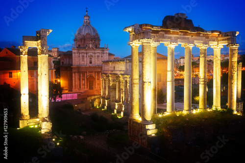 Roman Forum - ancient ruins in Rome at night, Italy, toned