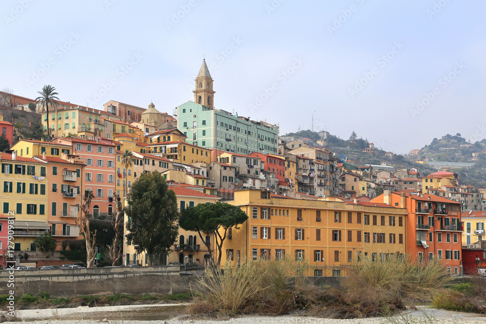 Colorful houses in old town of Ventimiglia, Imperia, Liguria, It