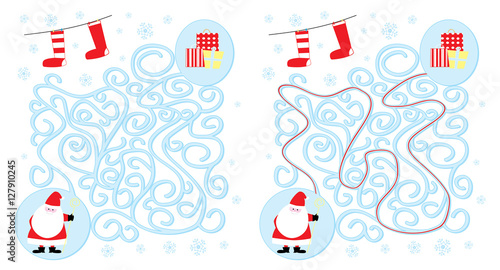 Maze game with cartoon Santa Claus and gifts / solution