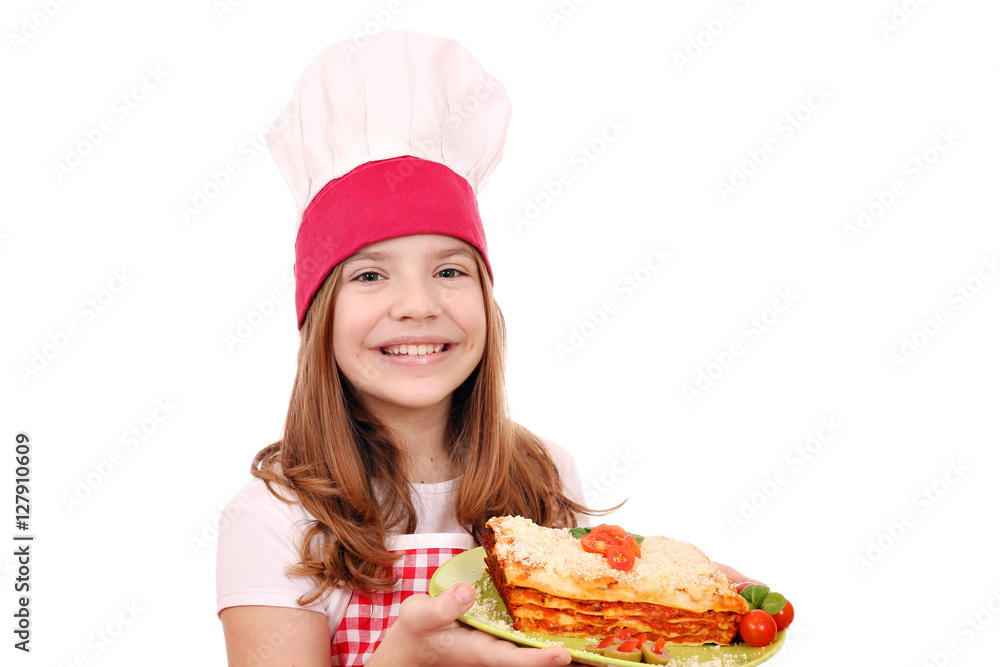 happy little girl cook with Italian lasagne happy little girl cook with Italian lasagne