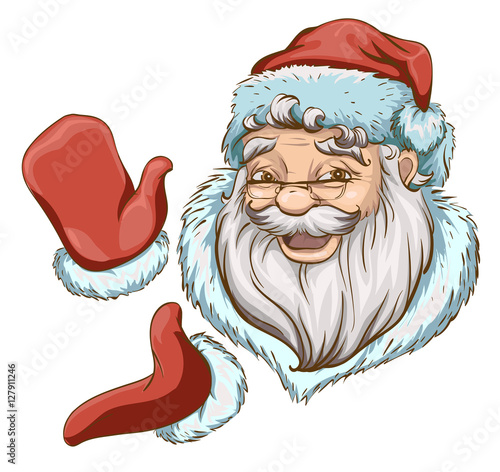 Santa Claus Head and two hands in red mittens