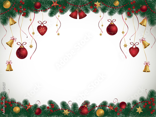 Christmas background with fir branches  bells and balls