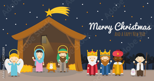 Christmas nativity scene with holy family, the three wise men and star of Bethlehem Vector background
