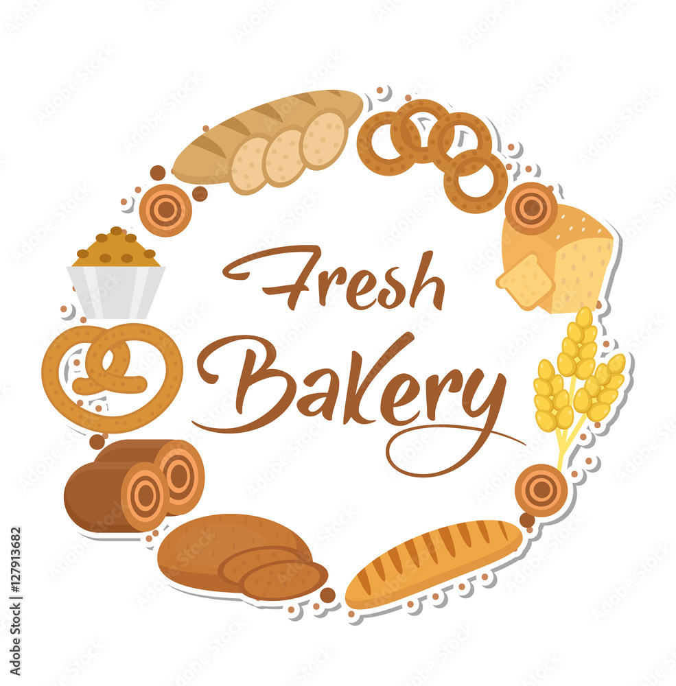 Bakery products frame, flat style. Set of different bread in a round frame template for text, label, emblem. With inscription fresh bread. Vector illustration Bakery products frame, flat style. Set of different bread in a round frame template for text, label, emblem. With inscription fresh bread. Vector illustration