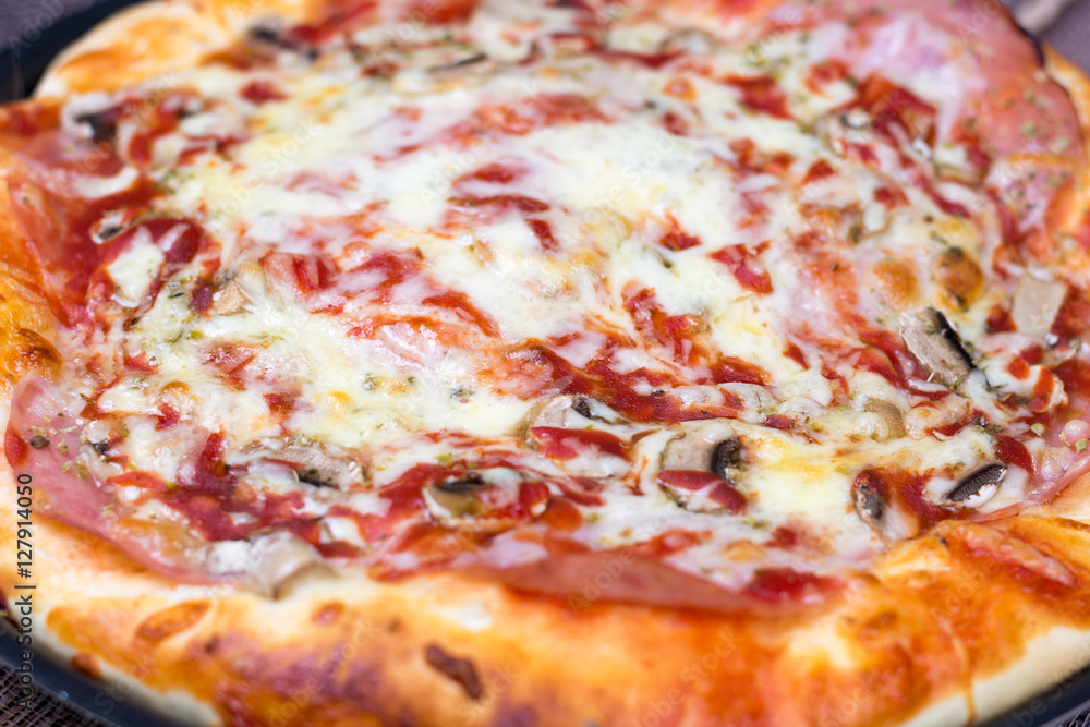 Closeup macro view pizza slice Closeup macro view pizza slice