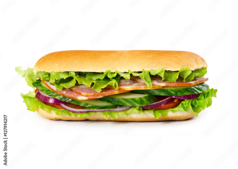 Sandwich with ham, tomato, cucumber, onion and salad leaves Sandwich with ham, tomato, cucumber, onion and salad leaves