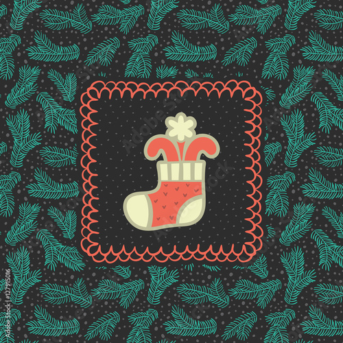 Christmas and New Year vintage ornate frame with holiday stocking symbol