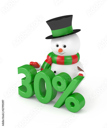 3d rendering of snowman with discount isolated over white