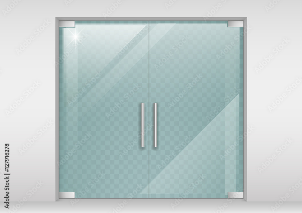 Fototapeta premium Double glass doors to the shopping center or office. Vector graphics with transparency effect