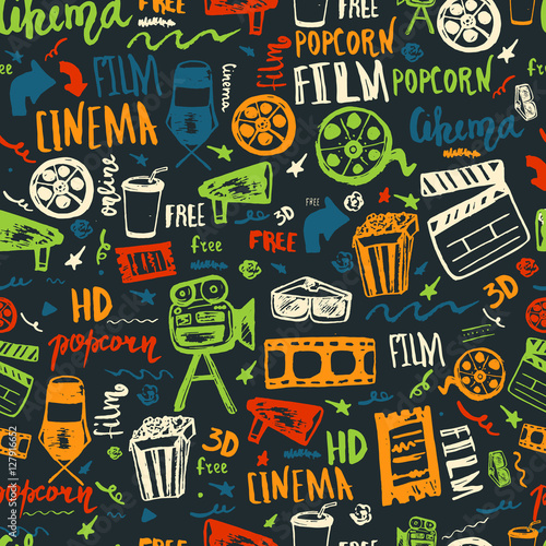 Cinema hand drawn seamless pattern with lettering on dark. Movie making film symbols collection. Cinematography design items  camera  film tape  popcorn  chair  stars.