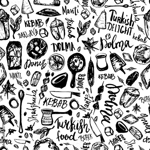 Turkish food hand drawn seamless pattern with lettering and beverages with Kebab, Dolma, Shakshuka. Freehand vector doodles isolated on white background