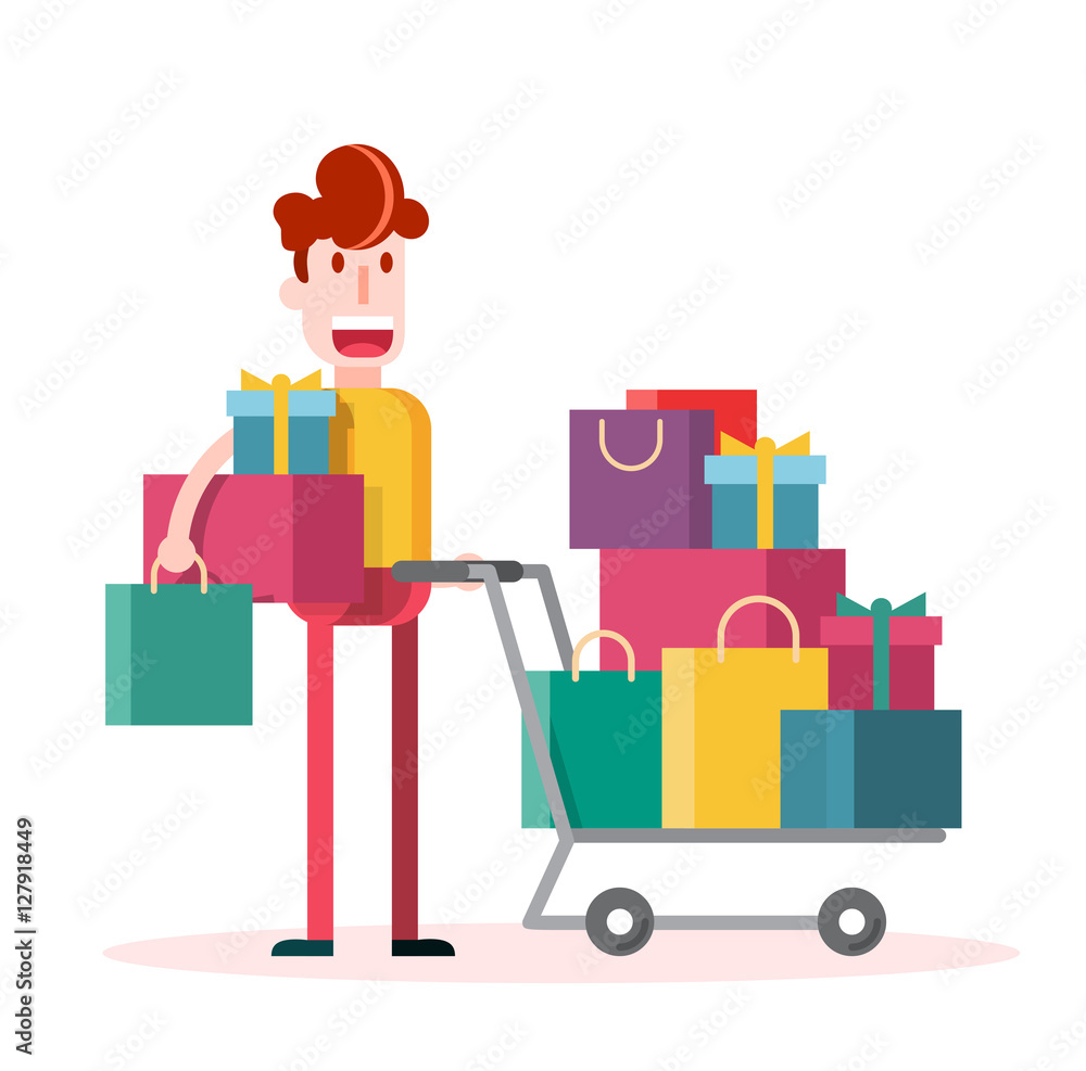 Flat Boy Shopping on White Background. Isolated Flat Vector Illustration. Flat Boy Shopping on White Background. Isolated Flat Vector Illustration.