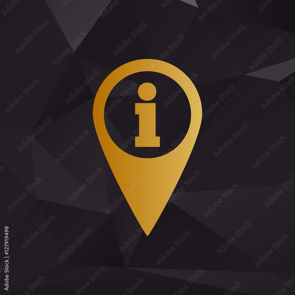 Map pointer with information sign. Golden style on background with polygons. Map pointer with information sign. Golden style on background with polygons.