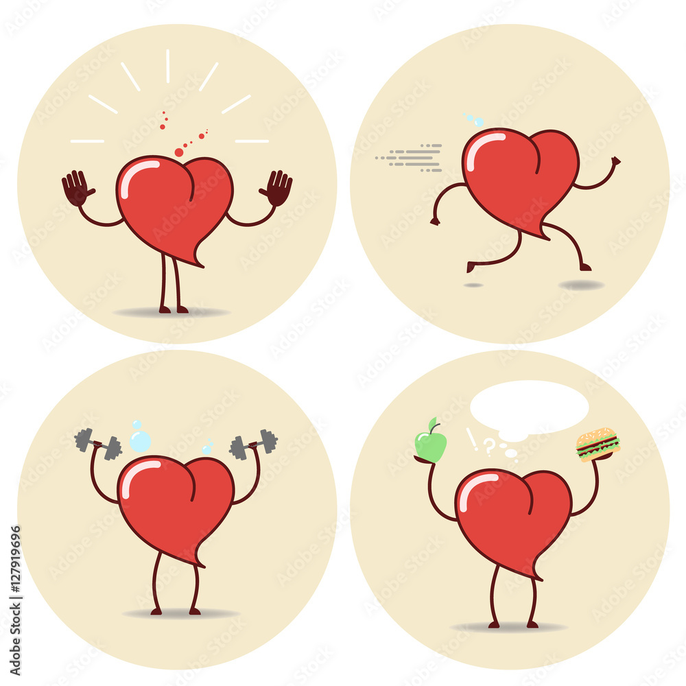 Heart and a healthy lifestyle, a set of different positions. Vector cartoon icons Heart and a healthy lifestyle, a set of different positions. Vector cartoon icons