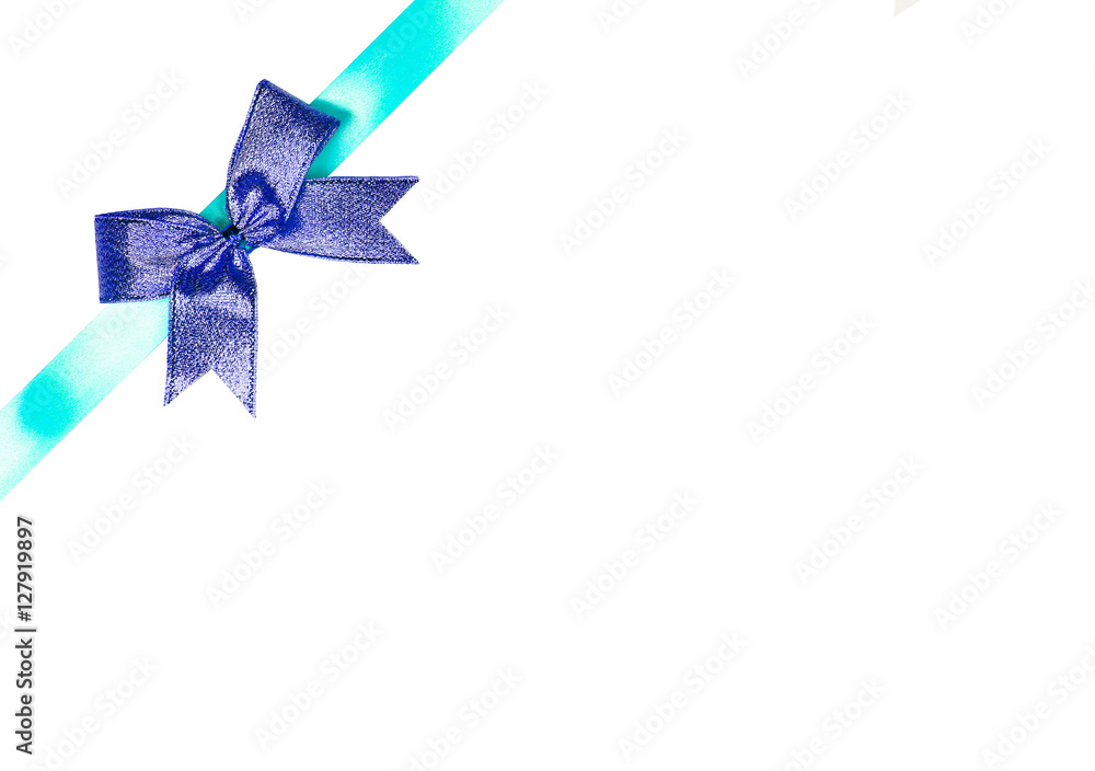 Top view of blue ribbon on gift box isolated on white background
