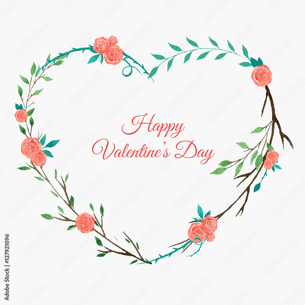 heart shaped floral wreath with roses, watercolor wreath with pink roses, Valentine day card