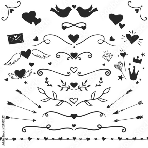 Valentine Day collection: hearts, arrows, doves, decorative swirls and curls, romantic vector decorations