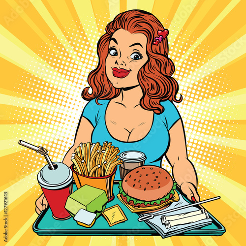 Lifestyle young woman and a fast food lunch in the restaurant