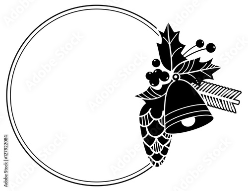 Silhouette round frame with Christmas bell, holly berry and pine cones. 