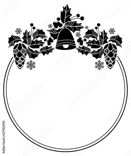 Silhouette round frame with Christmas bell, holly berry and pine cones.