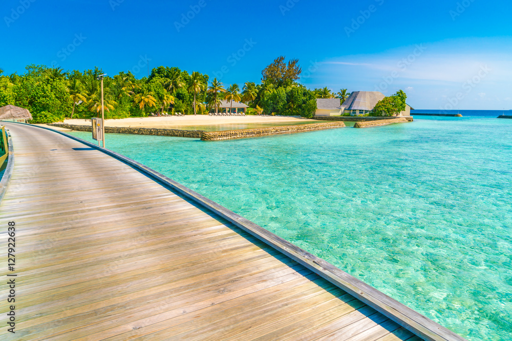 Beautiful water villas in tropical Maldives island  .