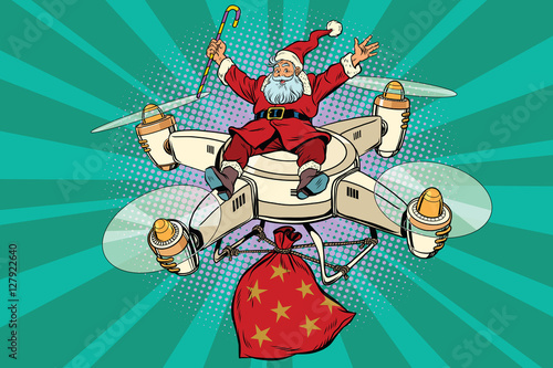 Retro Santa Claus flies on the drone
