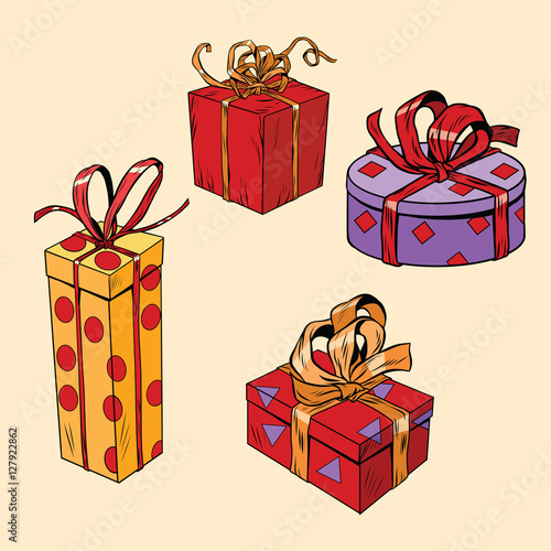 set of holiday Christmas boxes with gifts