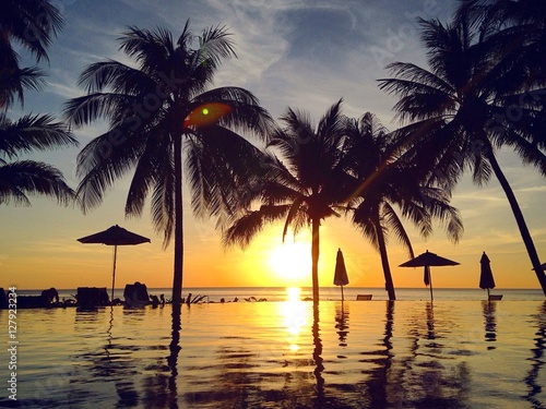 Beautiful tropical landscape at sunset with palm trees and infinity swimming pool © NicoElNino