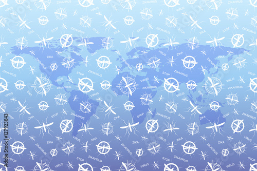 Zika virus pattern wallpapers with World Map. Zika virus mosquito bite illustration. Scientific vector for your design.