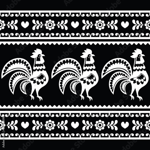 Seamless Polish monochrome folk art pattern with roosters