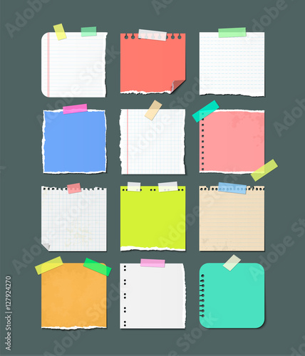 Paper banners for notes. Pieces of torn checkered and color paper sheets attached with sticky tape isolated vector illustrations set. Notebook, copybook pages used as stickers on adhesive tape