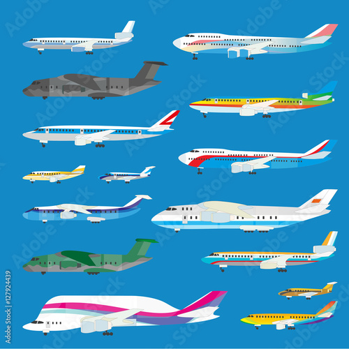 Different airplane aircraft set. Personal airplane, cargo.