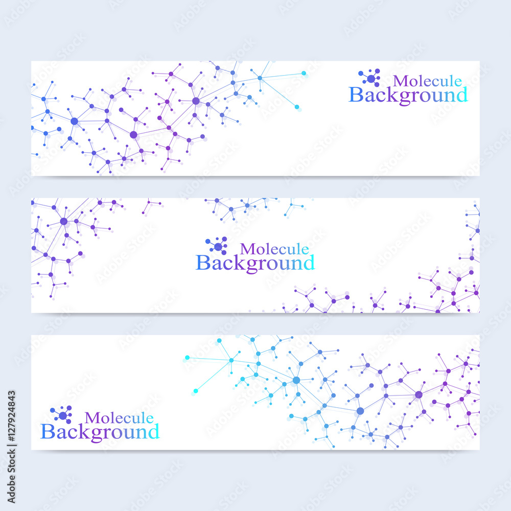 Modern set of vector banners. Atom. DNA. Molecule and communication background for medicine, science, technology, chemistry. Medical scientific representation backdrop.