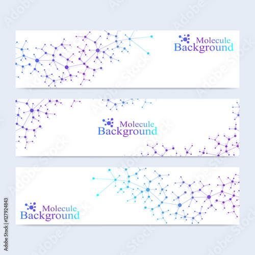 Modern set of vector banners. Atom. DNA. Molecule and communication background for medicine, science, technology, chemistry. Medical scientific representation backdrop.