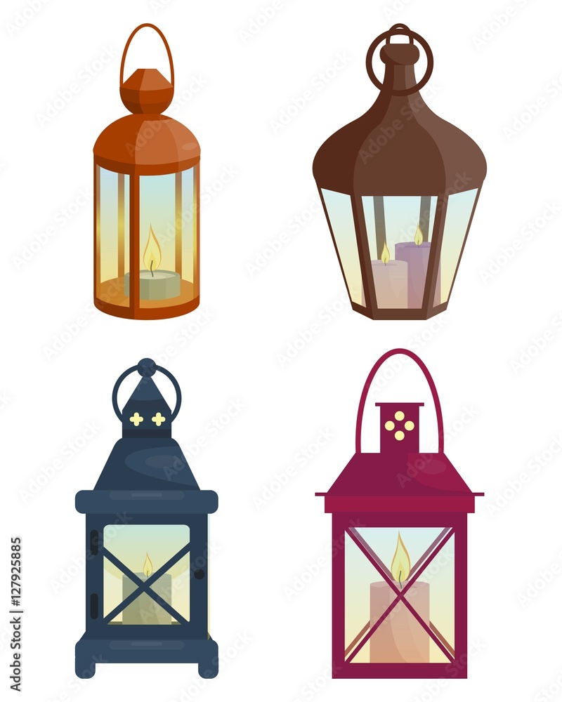 Set of lanterns. Vector illustration. Cartoon style. Elements for new year and christmas cards Set of lanterns. Vector illustration. Cartoon style. Elements for new year and christmas cards
