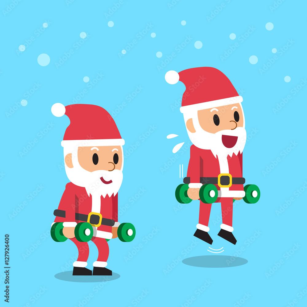 Cartoon santa claus doing dumbbell calf jump exercise step training Cartoon santa claus doing dumbbell calf jump exercise step training